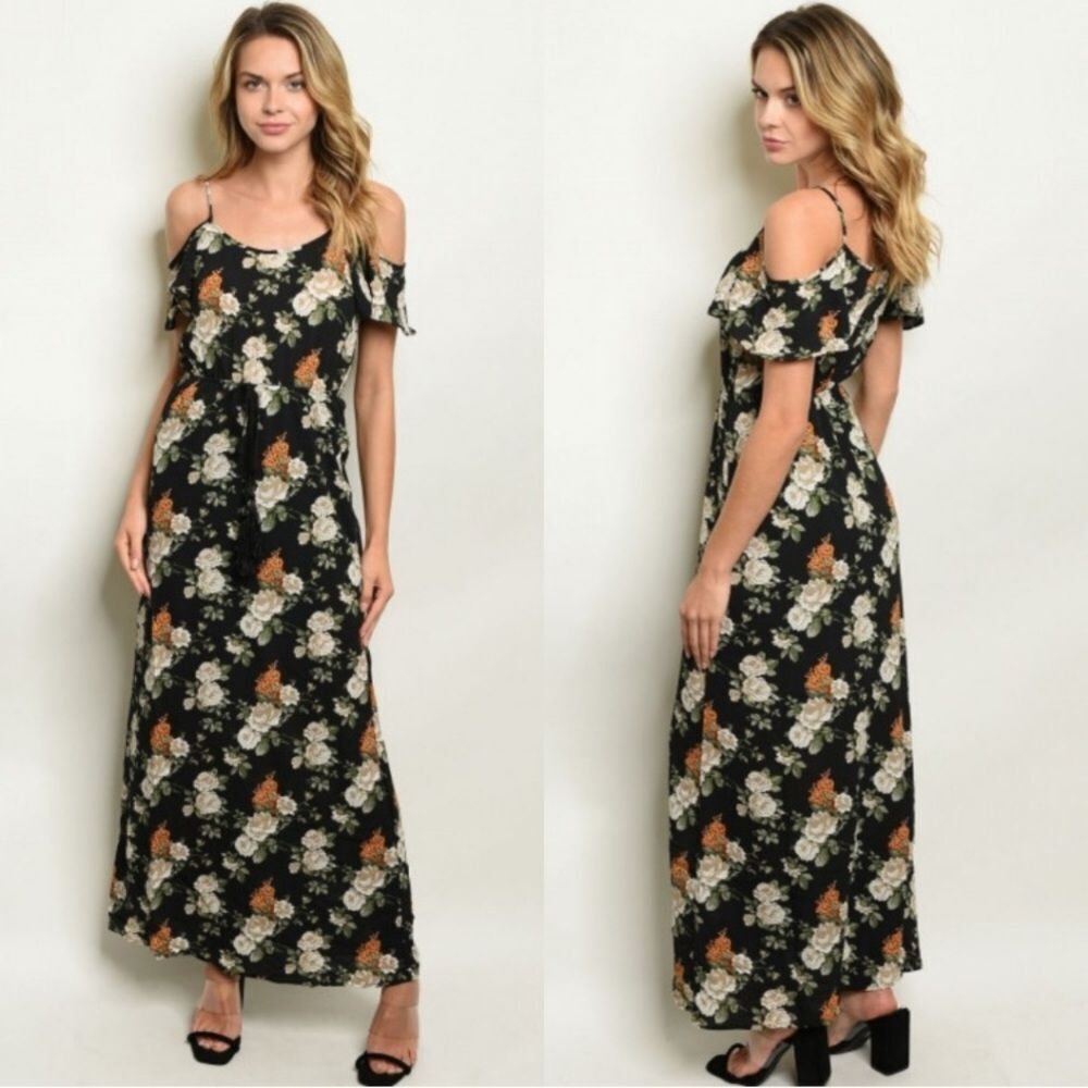 NWT Elegant Black Floral off the Shoulder Flutter Sleeve Maxi Dress